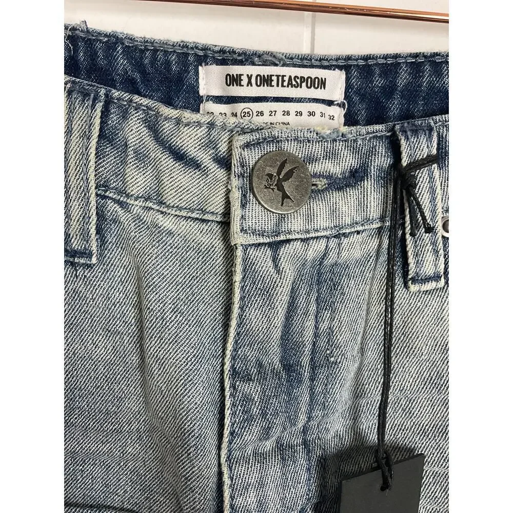 One‎ x One Teaspoon High Waist Mom Fit Intentionally Distressed Denim Shorts 25